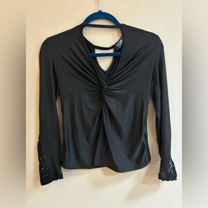 Yoins Black Twist Front Lace Accent Blouse Shirt Top, Whimsigoth Witchy Goth